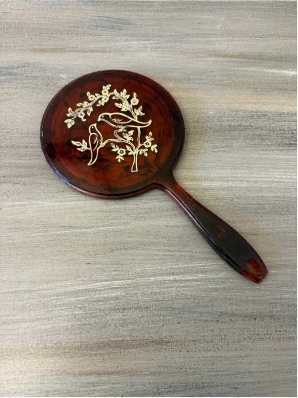 Vintage Brown Bakelite Hand Mirror 12" Vanity Gold Bird Floral Design Retro MCM